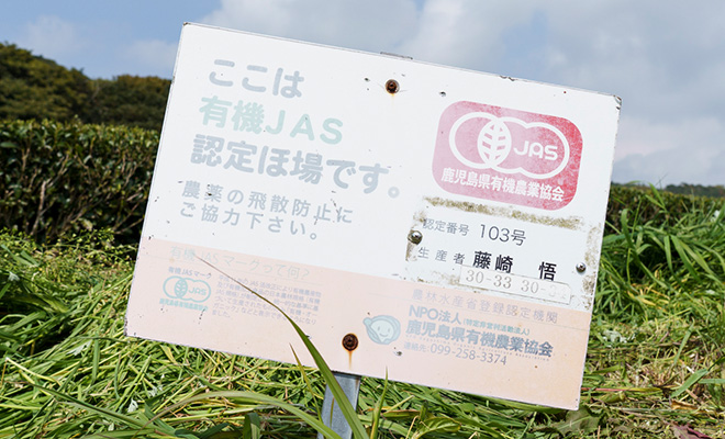 藤﨑さんの畑に立つ、「有機JAS認定ほ場」の看板