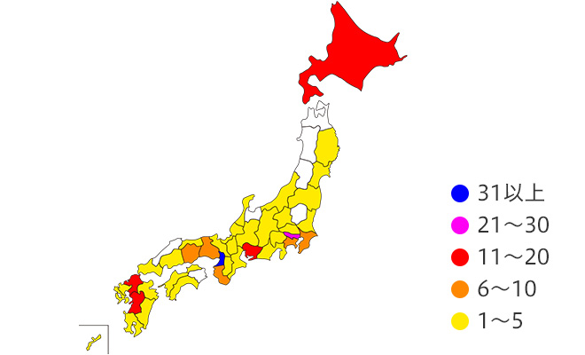 大都市圏にとくに多く、全国40の都道府県に広がっていることがわかる日本地図