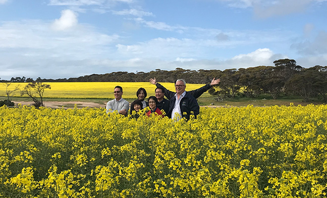 日本の消費者とオーストラリアの生産者が、黄色い花が咲く菜種畑で並ぶ。