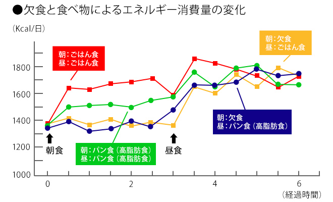 欠食と食べ物によるエネルギー消費量の変化図