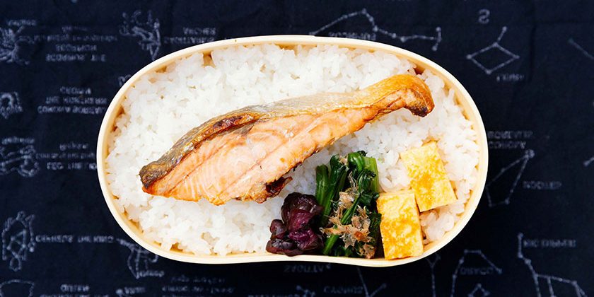 鮭の切り身がごはんにのった鮭弁当