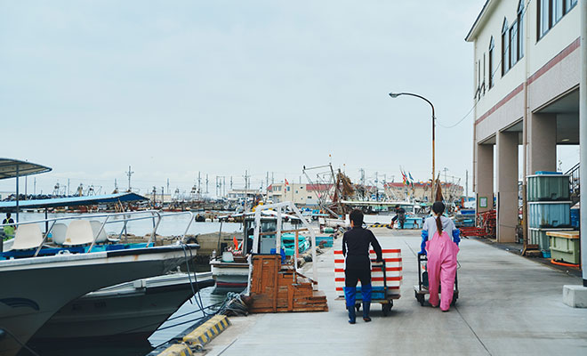セリを終え港を歩く女性