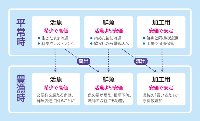 平常時と豊漁時の、活魚、鮮魚、加工用の価格への影響を現した図