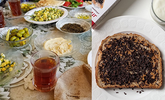 何品もおかずが並ぶヨルダンの朝食とパンにチョコスプレーがかかった皿が１つだけテーブルに置いてあるオランダの朝食シーンを対比した画像